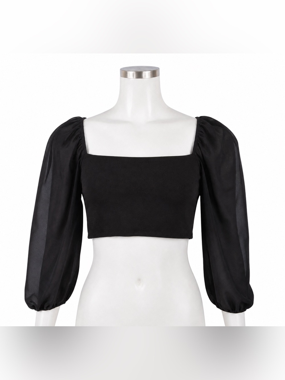 Windsor Black Puff Sleeve Crop Top - Square Neck - Size L - Going Out Y2K